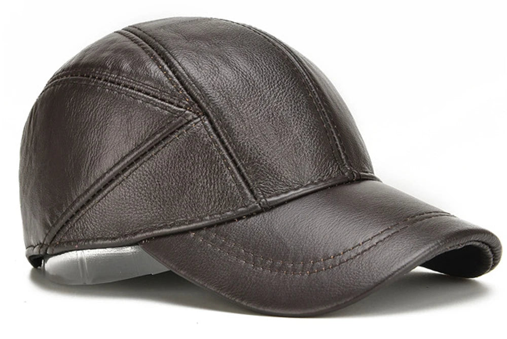 Brand Men Casual Real Leather Earflap Cap Men Real Cowhide Leather Caps Male Fall Winter Genuine Real Cow Leather Baseball Hats