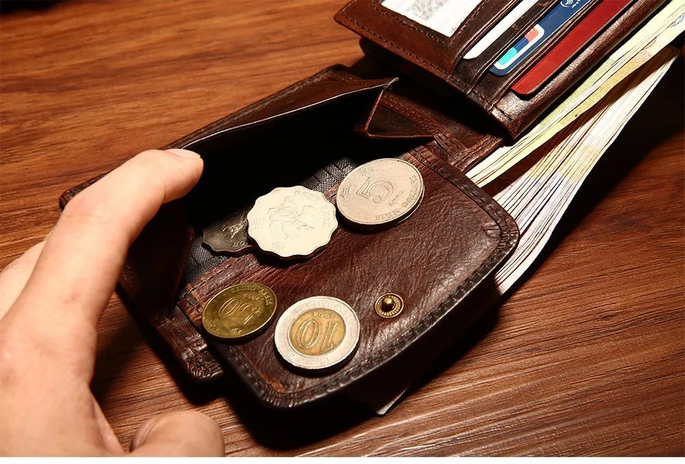 GENODERN Cow Leather Men Wallets with Coin Pocket Vintage Male Purse RFID Blocking Genuine Leather Men Wallet with Card Holders
