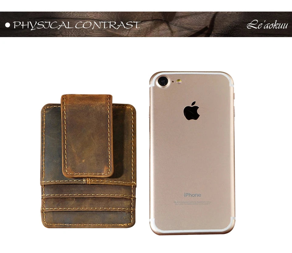 Leather Magnetic Money Clip Men Father's Day Gift Wallet Card Photo Holder Design Handy Front Pocket Wallet Mini Purse Male 1017