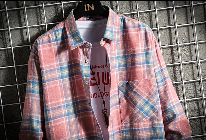 Men's Clothing Fashion Cotton Shirts Single Pocket Long Sleeve Youthful Soft Casual Plaid Checkered Top Male Shirts  for men