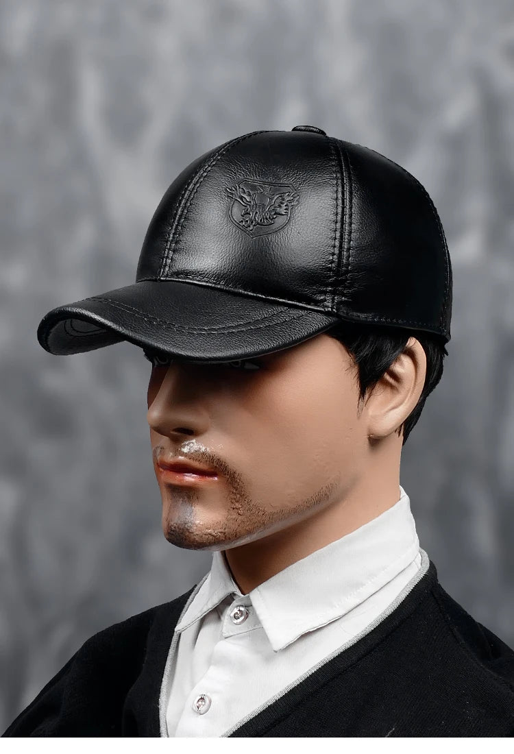 New 2025 Spring/Winter Man Genuine Leather Baseball Caps Male Casual Cowhide Belt Ear Warm 56-60 Adjustable Sprot Flight Hats