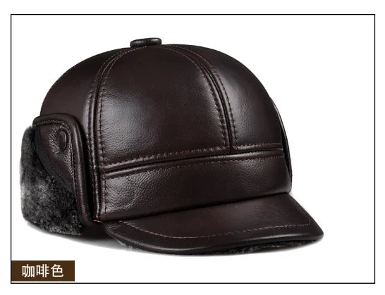 Genuine Cowhide Leather Faux Fur Caps Dad Warm Winter Hat For Men Velvet Flat-top Duck Tongue Ear Protection Outdoor Bomber Gorr