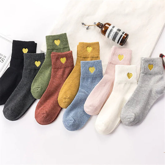 Socks for women autumn winter warm short sock Embroidery heart harajuku female casual socks ladies funny sox mujuer meias