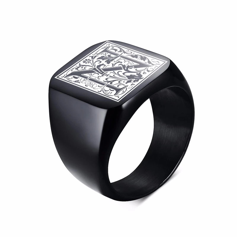 MONOGRAM SIGNET RING STAINLESS STEEL BIKER RINGS FOR MEN MONOGRAM FANCY INITAL SQUARE FLAT TOP BAND IN BLACK