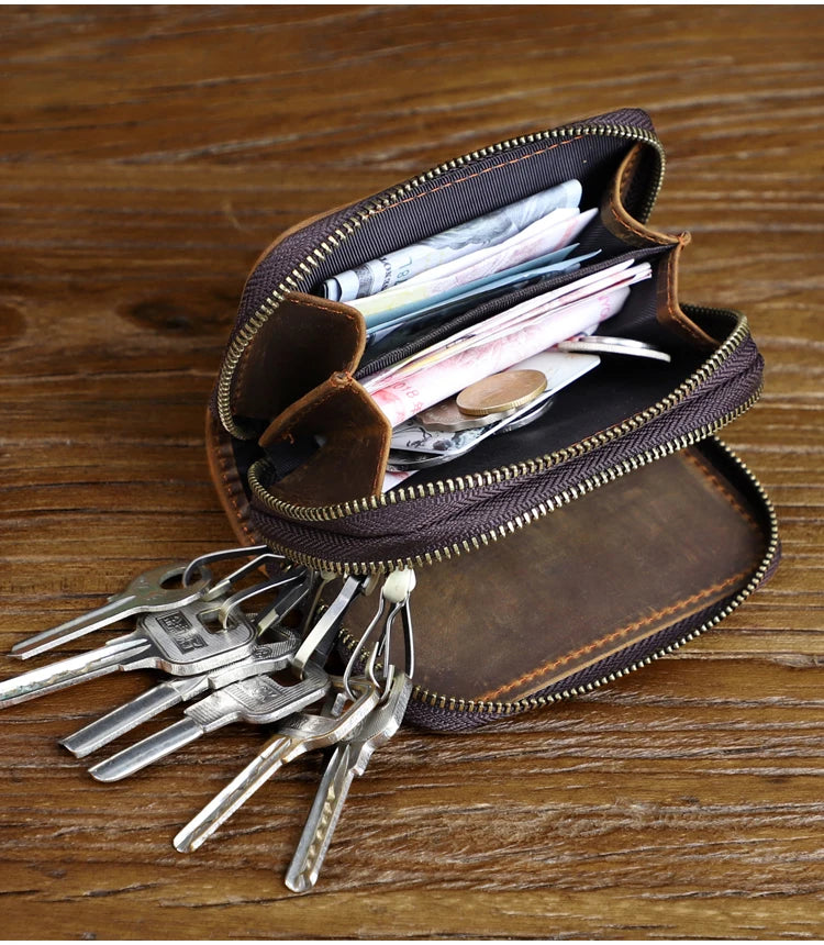 Genuine Leather Key Wallet For Men Retro Car Smart Key Case Double Zipper Housekeeper Keys Coin Pouch Organizer Handbag Women