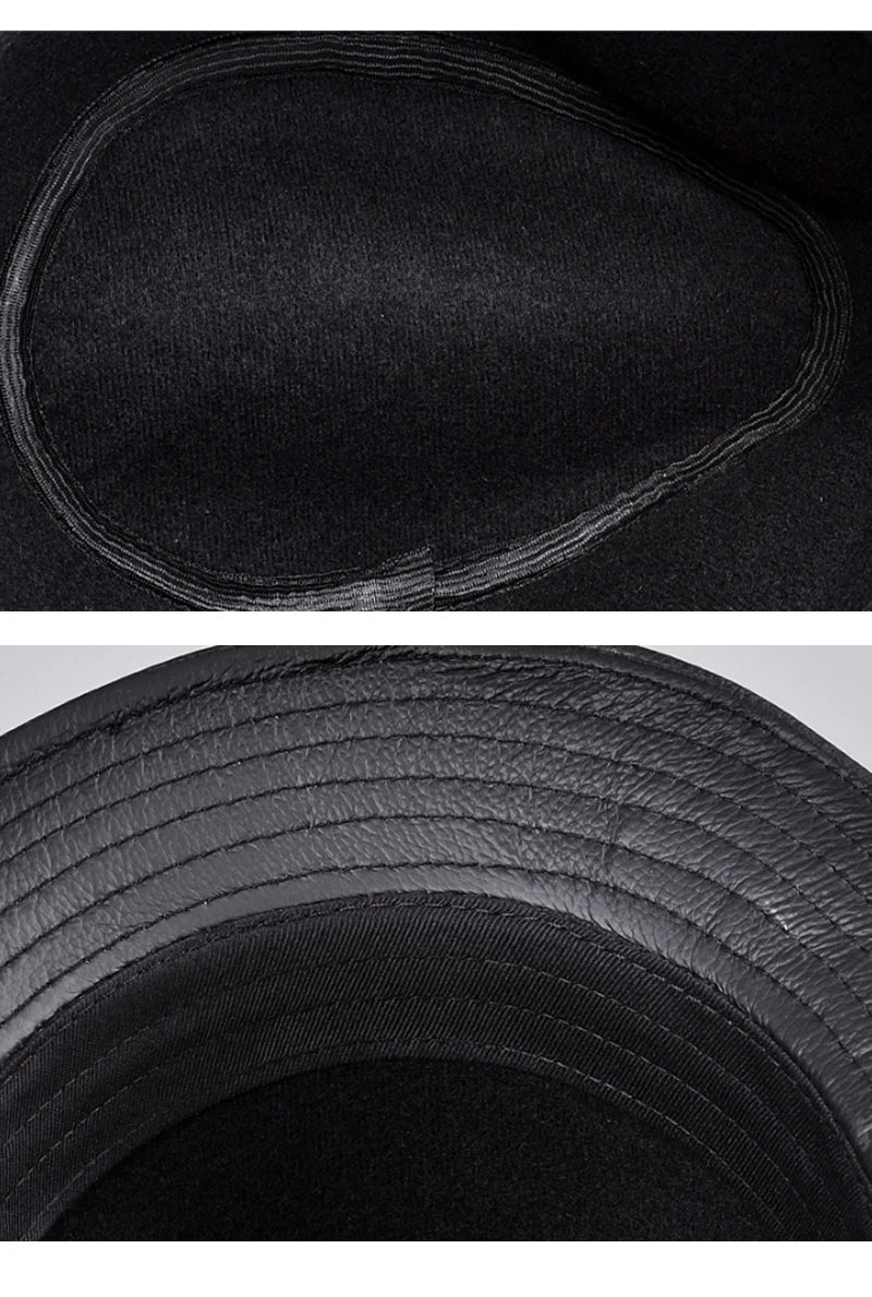 New 2025 Man High Quality Genuine Leather Jazz Fedora Gentleman Cow Skin Short Brim Black/Brown Top Hat Male Shows Topper