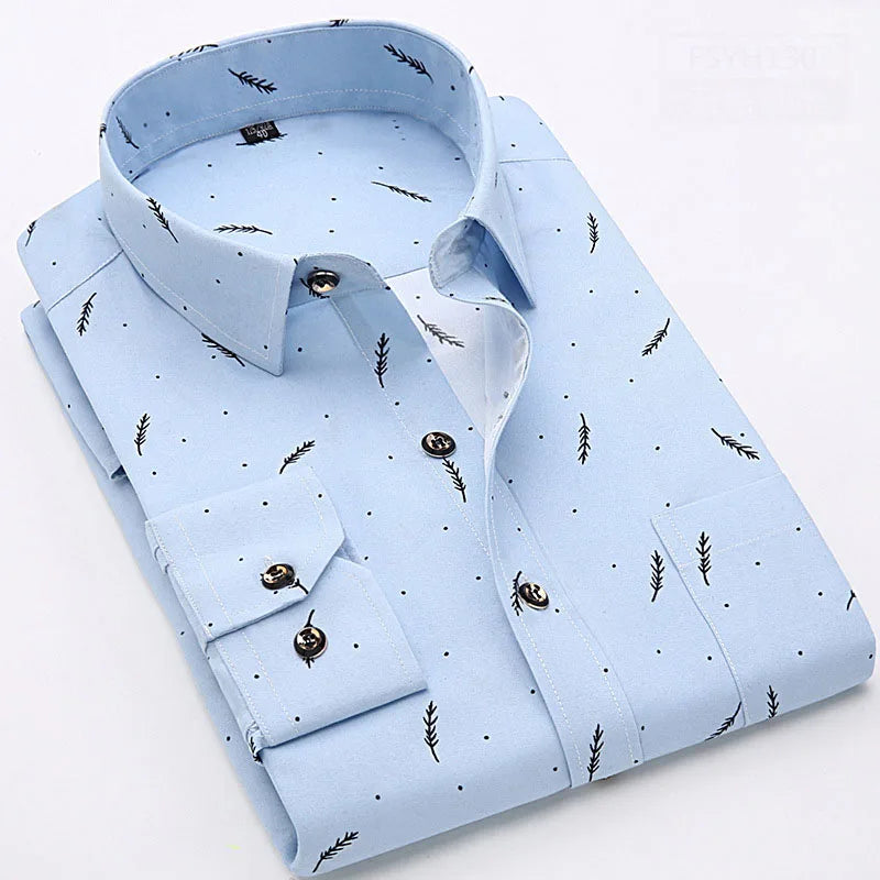QFZ543-men Long Sleeve Shirts Retailer Special Men Clothing Classic Print Youth Slim Shirt
