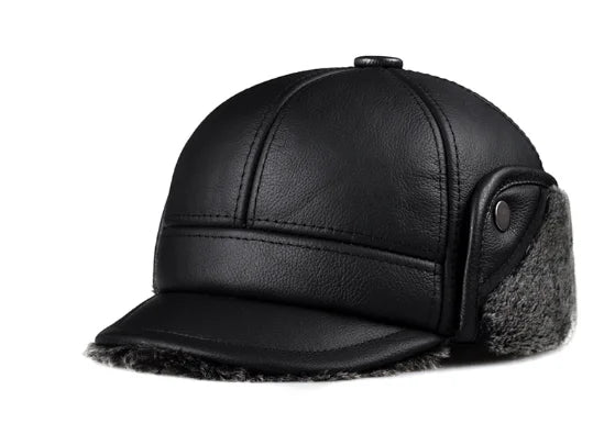 Genuine Cowhide Leather Faux Fur Caps Dad Warm Winter Hat For Men Velvet Flat-top Duck Tongue Ear Protection Outdoor Bomber Gorr