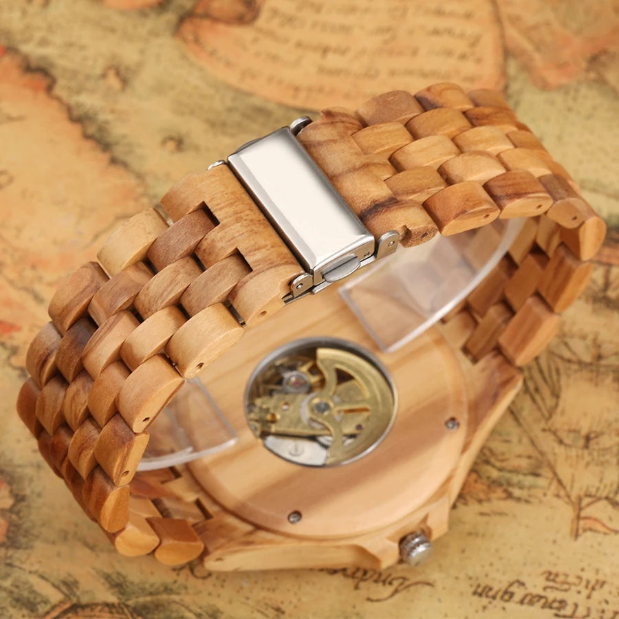 Men's Watch Top Luxury Mechanical Watch Automatic Red Skeleton Cherry Wood Clock Men Full Wooden Band Casual Wristwatch Retro