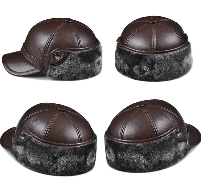Winter Men's  Hat Thicken Leather Cowhide Baseball Caps With Ears Warm Snapback Dad's Hats Sombrero De Cuero Del Hombre