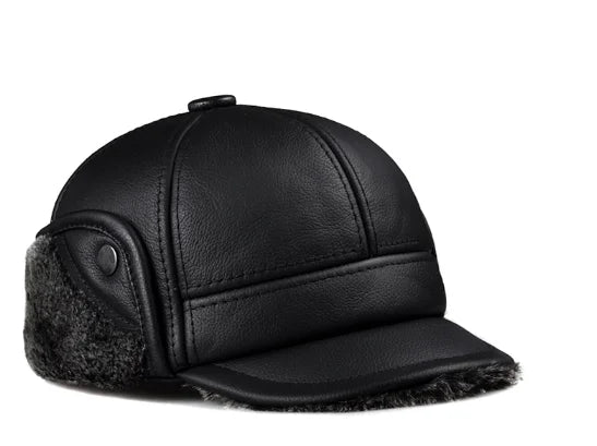 Genuine Cowhide Leather Faux Fur Caps Dad Warm Winter Hat For Men Velvet Flat-top Duck Tongue Ear Protection Outdoor Bomber Gorr