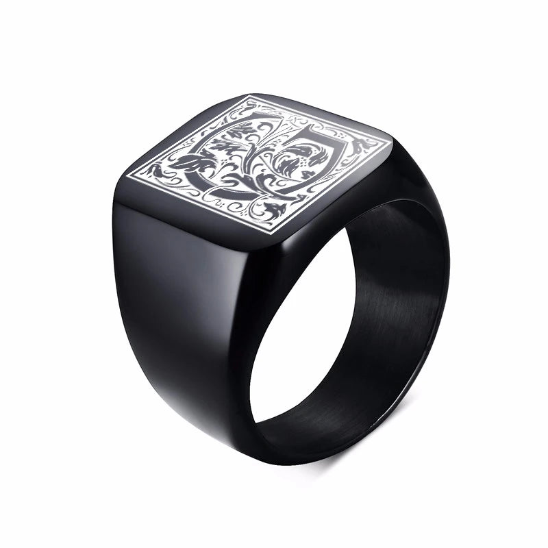 MONOGRAM SIGNET RING STAINLESS STEEL BIKER RINGS FOR MEN MONOGRAM FANCY INITAL SQUARE FLAT TOP BAND IN BLACK