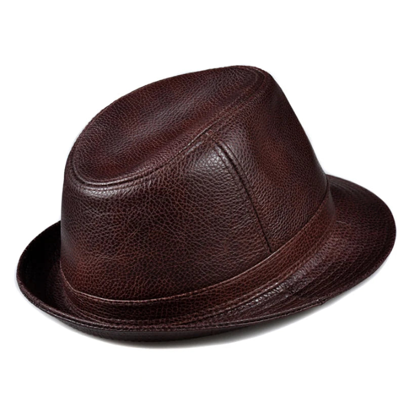 New 2025 Man High Quality Genuine Leather Jazz Fedora Gentleman Cow Skin Short Brim Black/Brown Top Hat Male Shows Topper