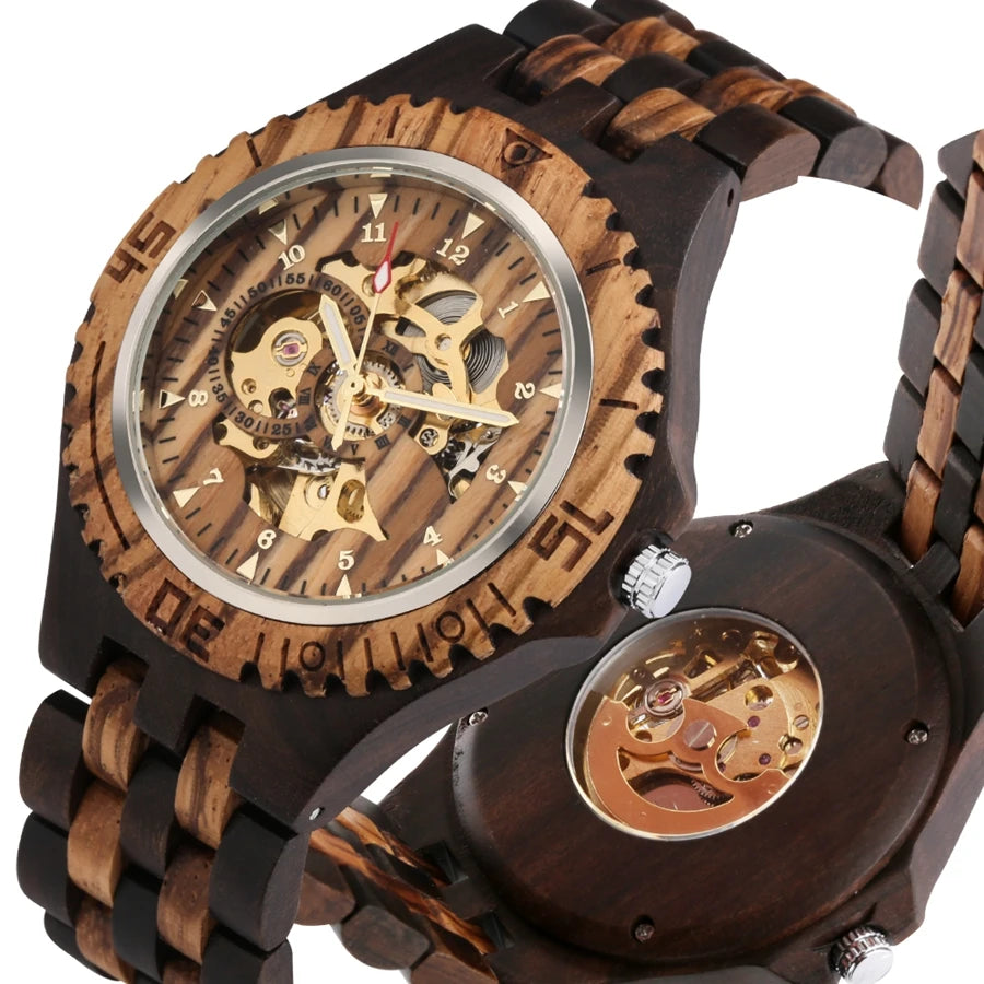 Men's Watch Top Luxury Mechanical Watch Automatic Red Skeleton Cherry Wood Clock Men Full Wooden Band Casual Wristwatch Retro