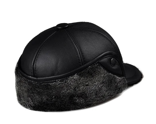 Genuine Cowhide Leather Faux Fur Caps Dad Warm Winter Hat For Men Velvet Flat-top Duck Tongue Ear Protection Outdoor Bomber Gorr