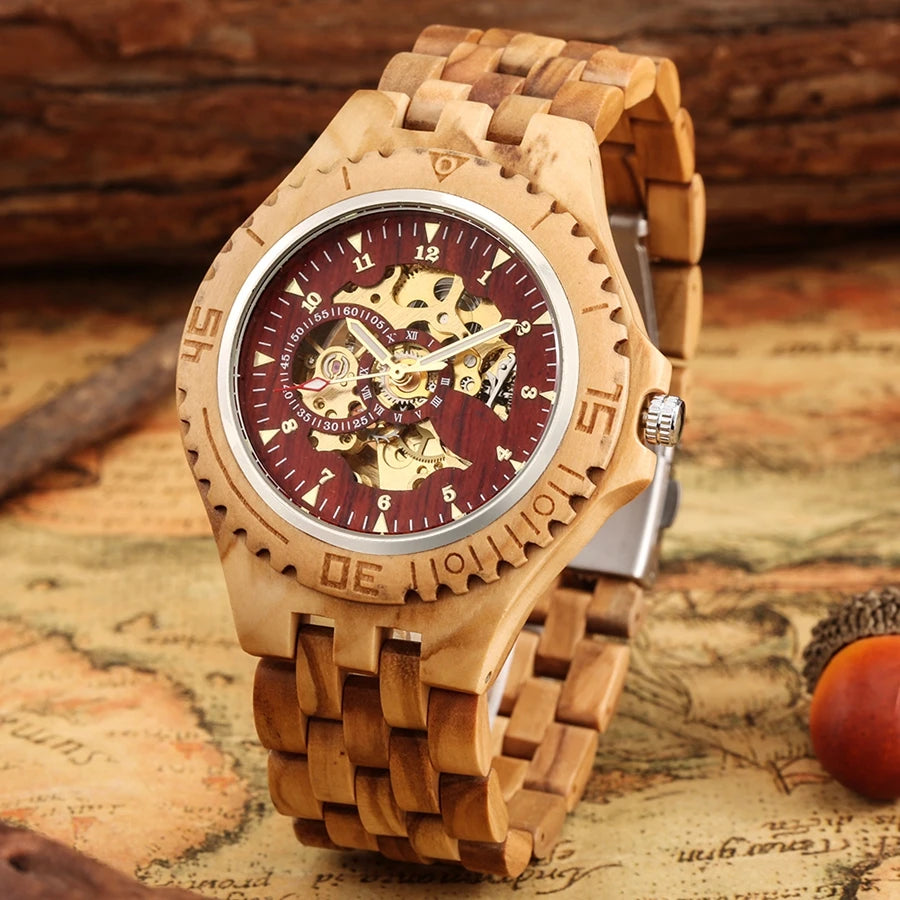 Men's Watch Top Luxury Mechanical Watch Automatic Red Skeleton Cherry Wood Clock Men Full Wooden Band Casual Wristwatch Retro