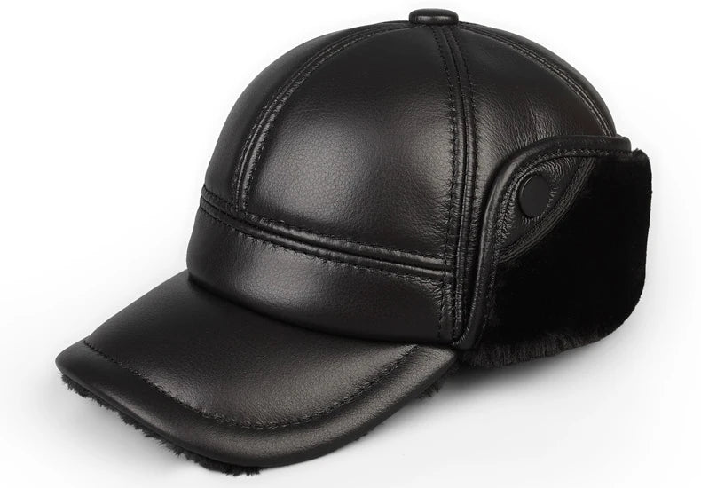 High Quality Genuine Leather Hats Winter First Layer Cowhide Warm Earmuffs Bomber Caps Plus Velvet Thicken Man Bone Caps Dad Hat