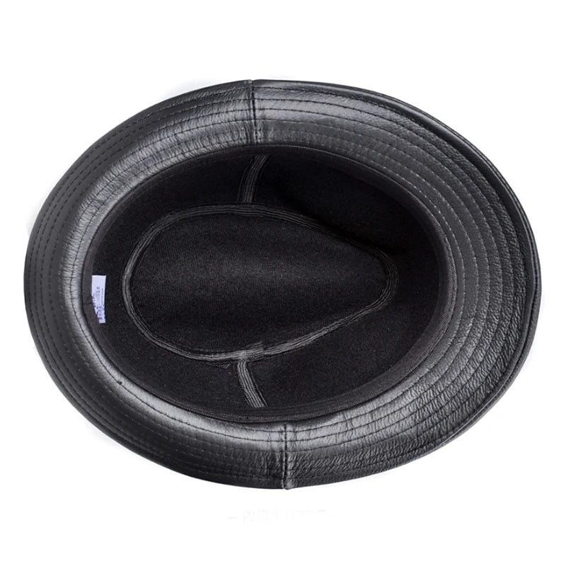 New 2025 Man High Quality Genuine Leather Jazz Fedora Gentleman Cow Skin Short Brim Black/Brown Top Hat Male Shows Topper