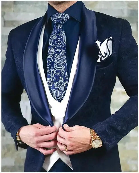 Hot Selling Men Suits Pattern and Black Groom Tuxedos Shawl Satin Lapel Groomsmen Wedding Best Man ( Jacket+Pants+Vest+Tie) C691