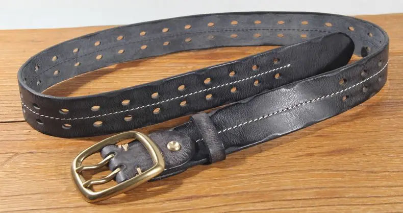 Vintage Men's 3.8cm Wide Double Breasted Belt 100% Cowhide Double Prong Buckle Handmade Heavy Duty Belt Fashion Jeans Belt Brown