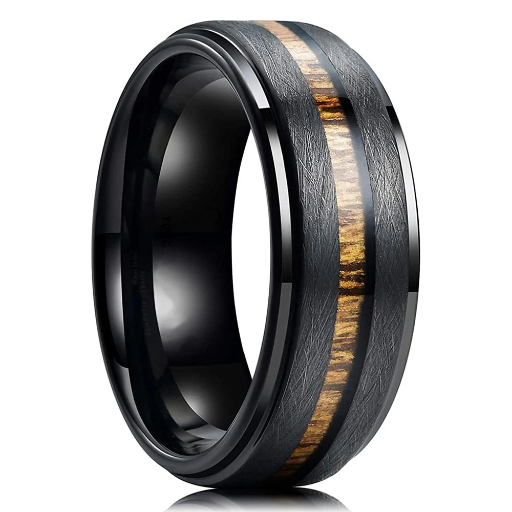 Fashion Deer Family Black Hunting Stainless Steel Rings for Men Women KOA Wood Inlay Beveled Polished Edge Wedding Bands Jewelry