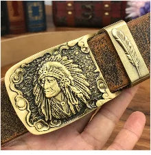 Brass Cowboy Belt Buckle Luxury Men Leather Belt Ceinture Homme Yellow Belts For Men Wide Male Strap Jeans Waist MBT0537