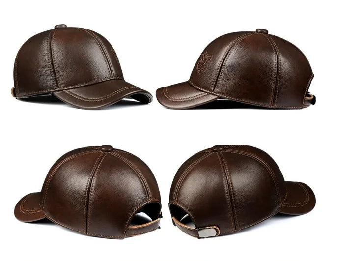 New 2025 Spring/Winter Man Genuine Leather Baseball Caps Male Casual Cowhide Belt Ear Warm 56-60 Adjustable Sprot Flight Hats
