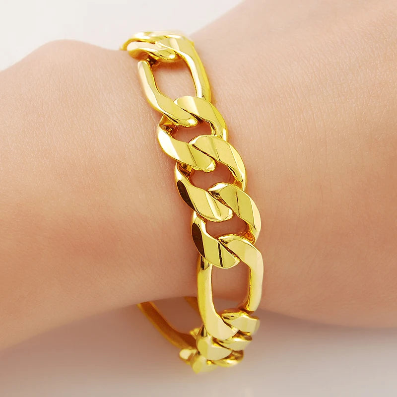 Wholesale 24k Gold Filled 10MM Curb Link Chain Bracelet for Men Women 20CM Long.Fashion Pure Gold Color Cuban Bracelet Jewelry