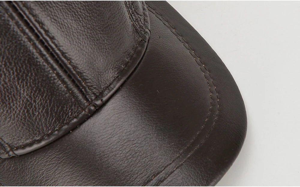 Brand Men Casual Real Leather Earflap Cap Men Real Cowhide Leather Caps Male Fall Winter Genuine Real Cow Leather Baseball Hats