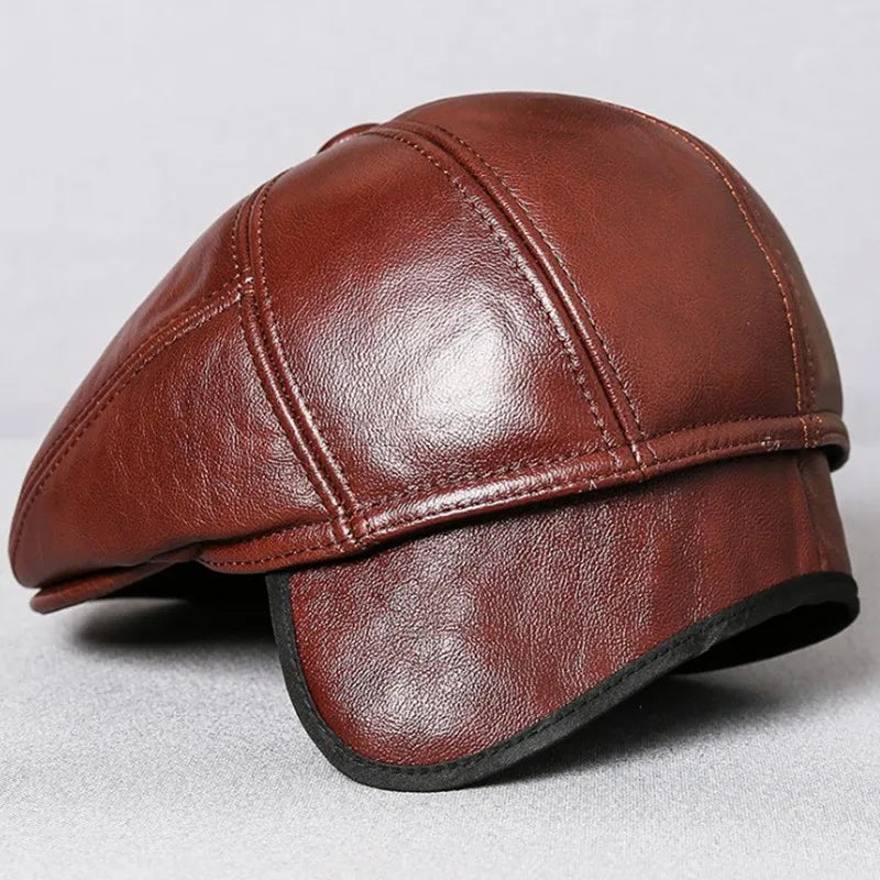 SILOQIN Men's Real Genuine Leather Caps Warm Berets Men Cowhide Leather Hat Winter Fur Earmuffs Cap Middle-aged Dad's Beret Hats