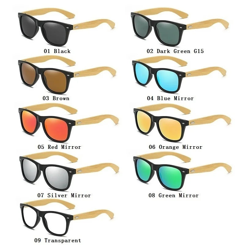 Fashionable Bamboo Wood Sunglasses Men Women Classic Square Vintage Driving Sun Glasses Black Fishing Eyewear UV400 Eyepieces