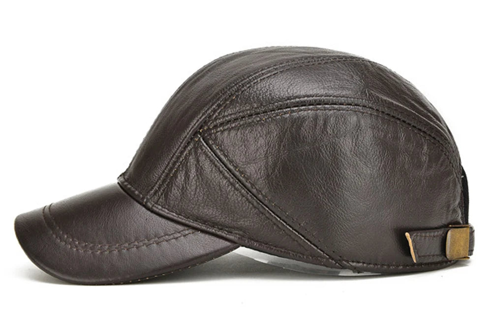 Brand Men Casual Real Leather Earflap Cap Men Real Cowhide Leather Caps Male Fall Winter Genuine Real Cow Leather Baseball Hats