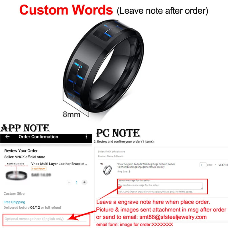 Vnox Customize Logo 8mm Men's Ring Carbon Fiber Wedding Band Personalized Simple Icon Image Meaningful Gift to Husband Dad