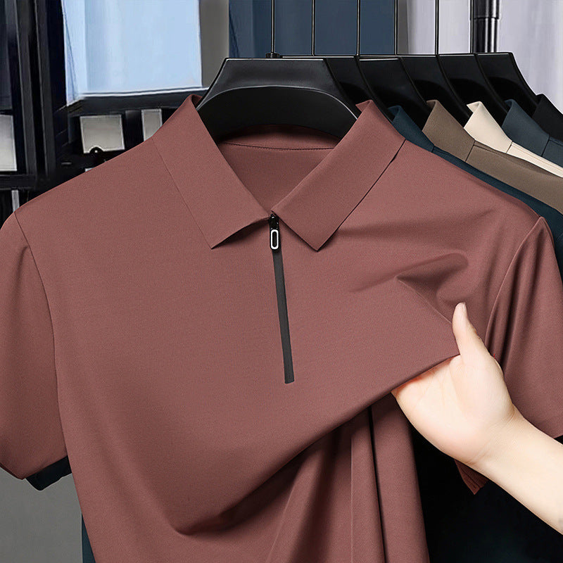 Men's Half Zipper Seamless Polo Shirt Summer Light Luxury Business Casual Ice Silk Top