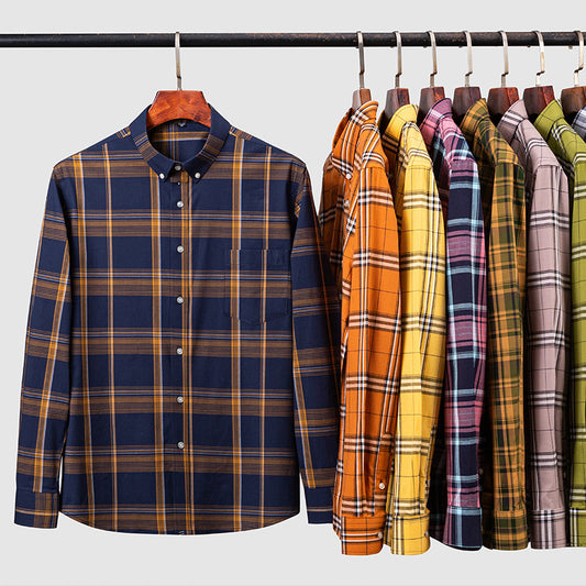 Men's Xinjiang Cotton Plaid Buckle Collar Casual Cardigan Shirt