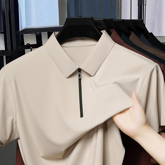 Men's Half Zipper Seamless Polo Shirt Summer Light Luxury Business Casual Ice Silk Top