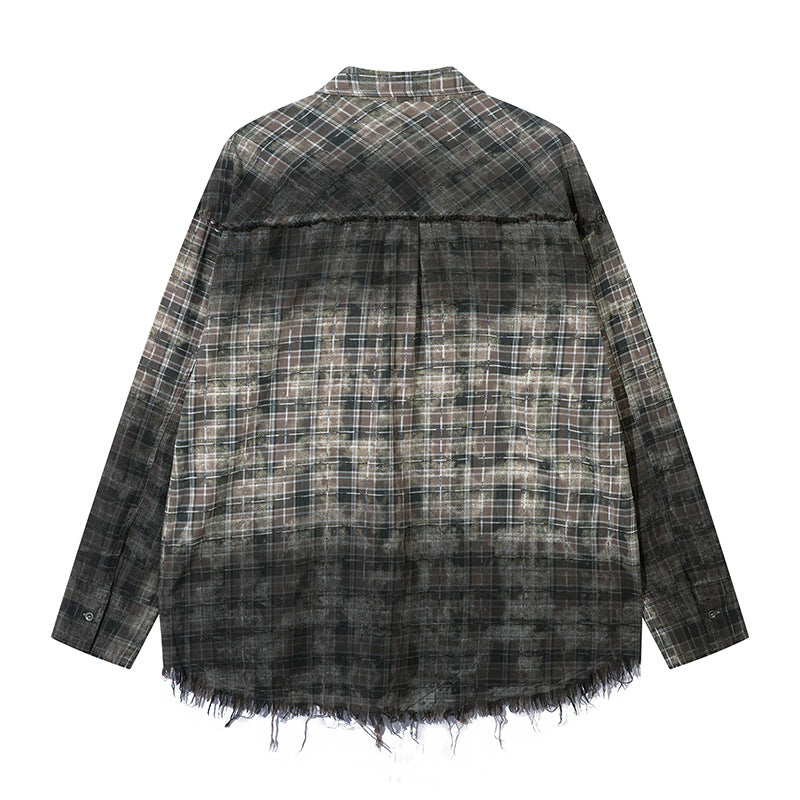 Gradient Plaid Shirt New Distressed Raw Edges