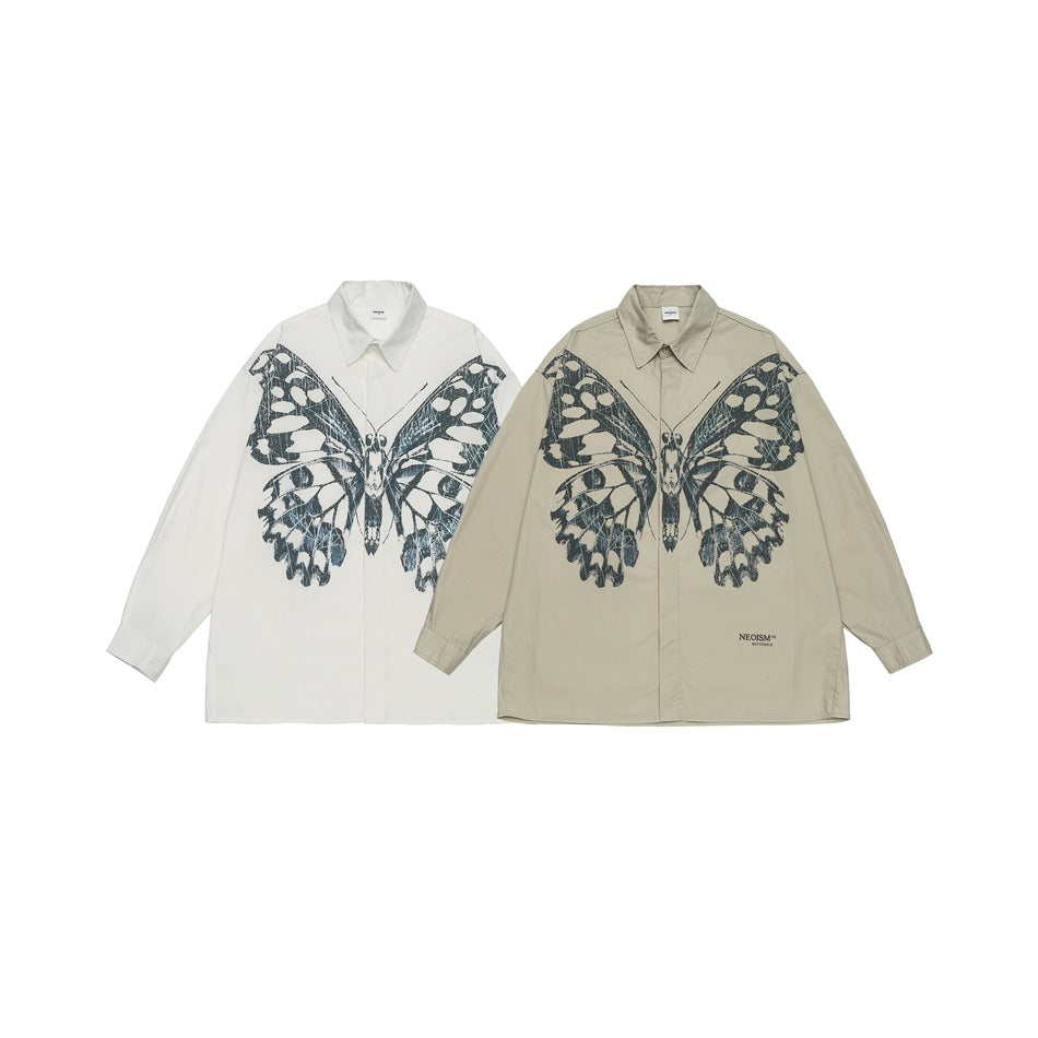 Butterfly Print Workwear Shirt Men's Casual Loose Long Sleeve