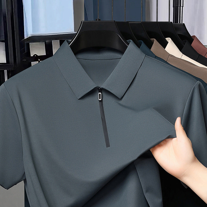 Men's Half Zipper Seamless Polo Shirt Summer Light Luxury Business Casual Ice Silk Top