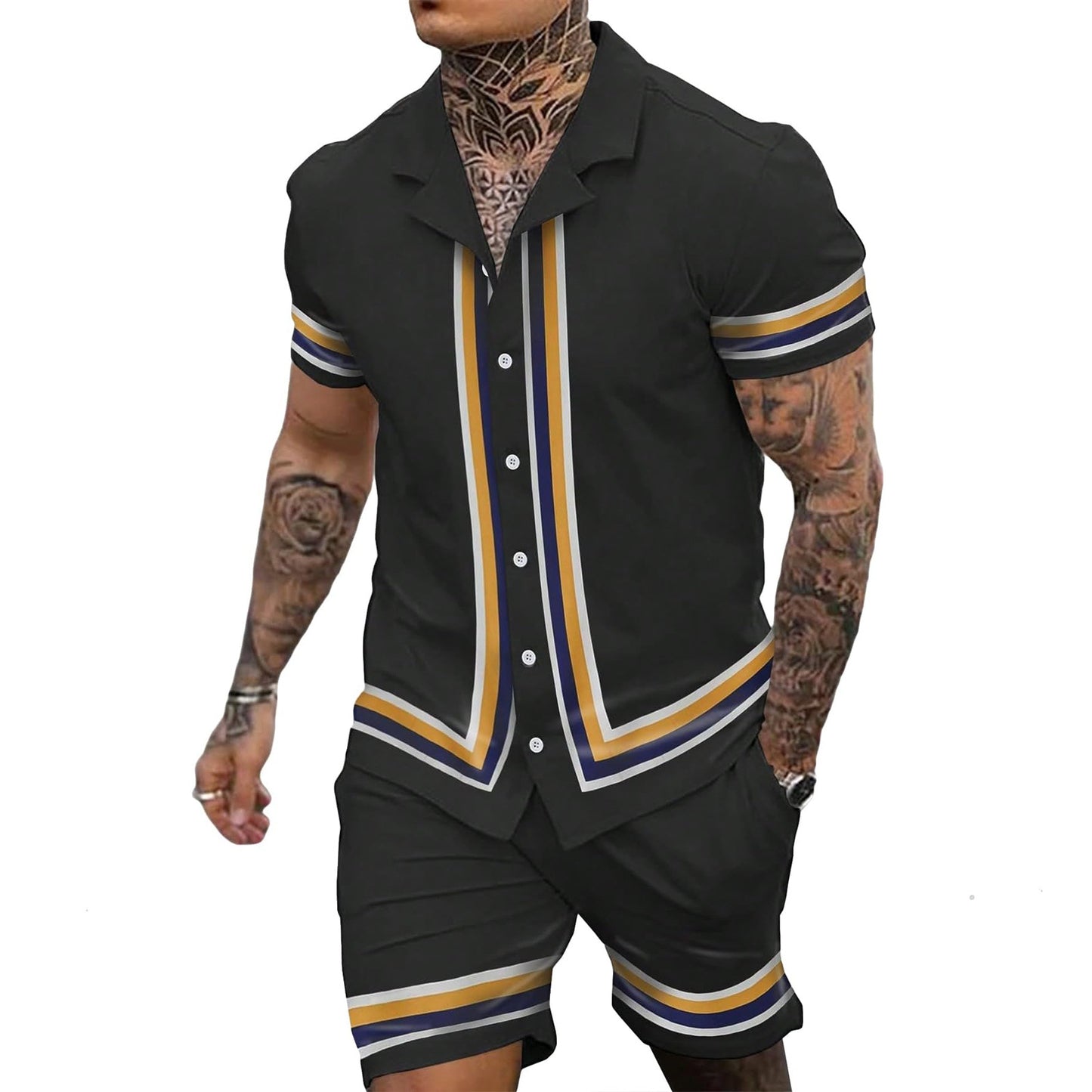 Cuban Collar Striped Short Sleeve Shirt Outfit