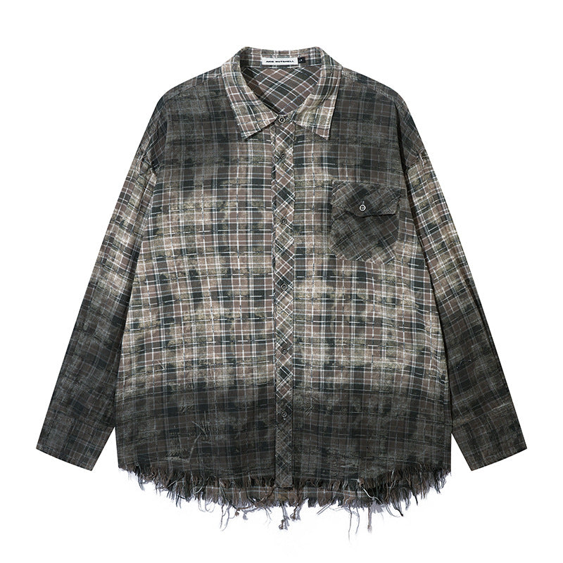 Gradient Plaid Shirt New Distressed Raw Edges