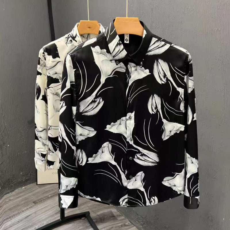 Men's Floral Pattern Slim Fit Print Long Sleeve Shirt