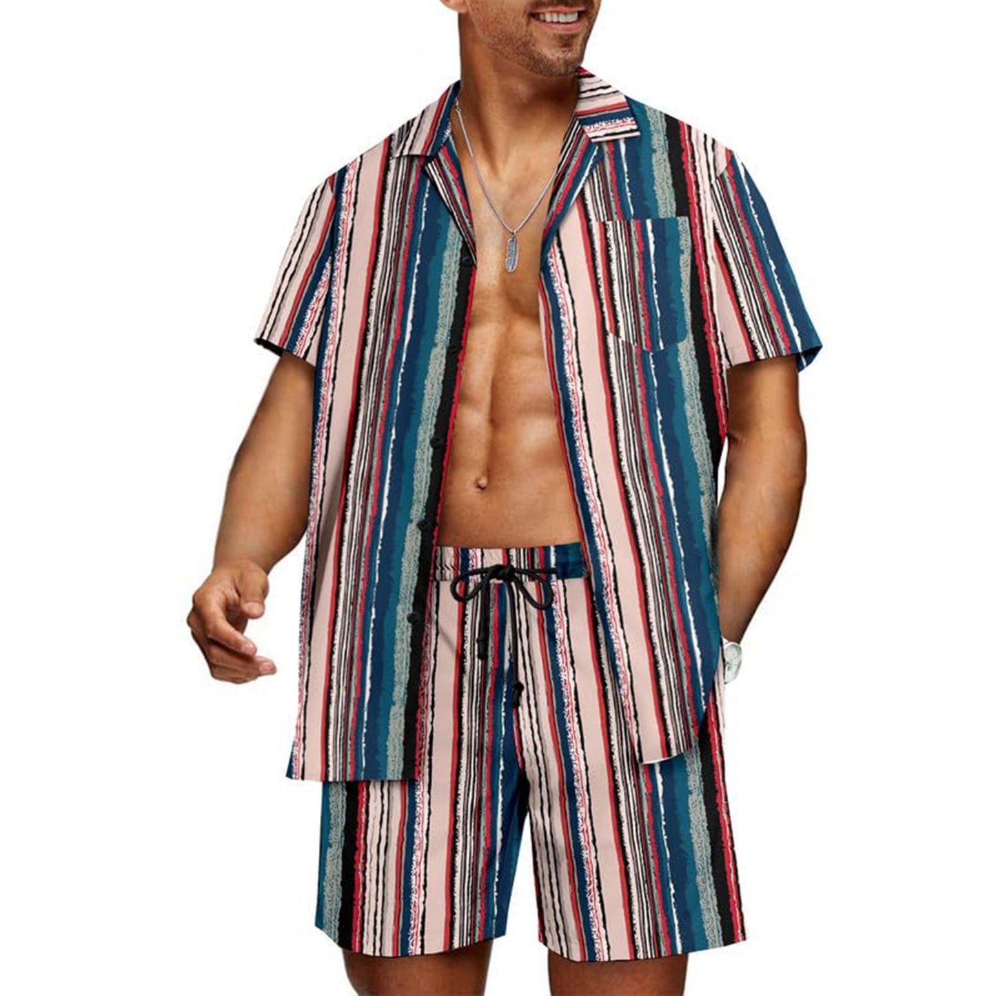 Cuban Collar Striped Short Sleeve Shirt Outfit