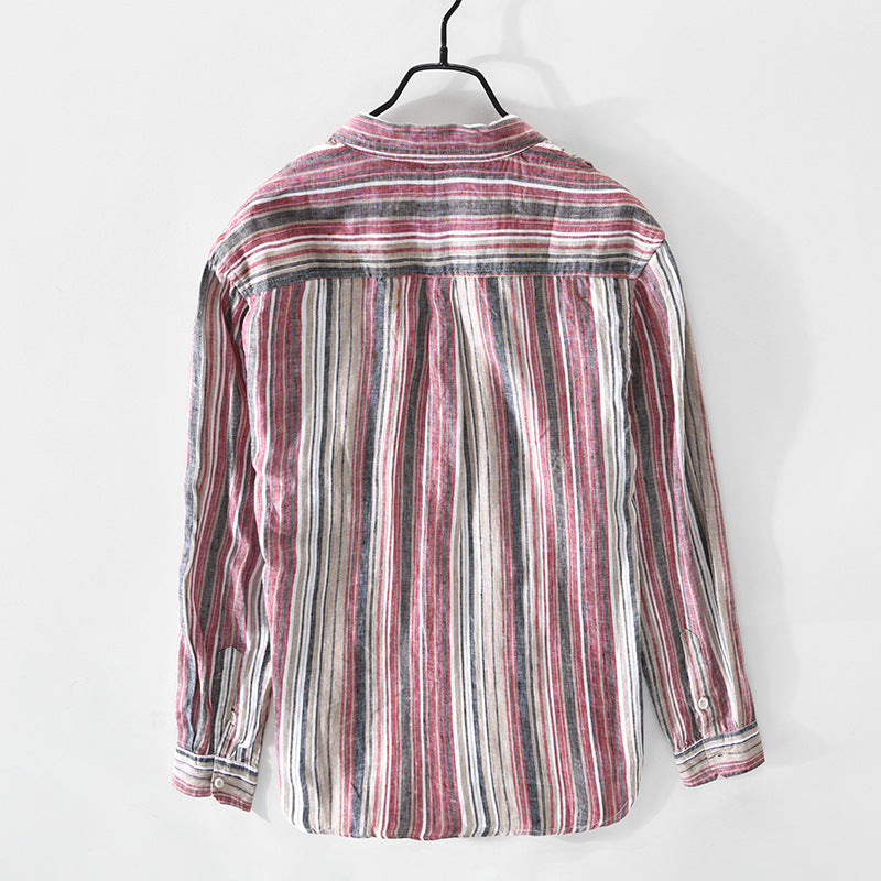 Spring And Summer New Men's Casual Linen Striped Shirt