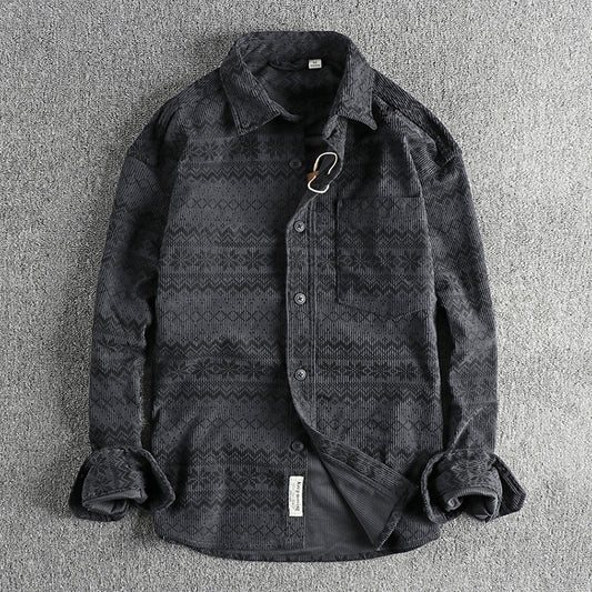 Men's Vintage Totem Printed Washed Corduroy Long-sleeved Shirt