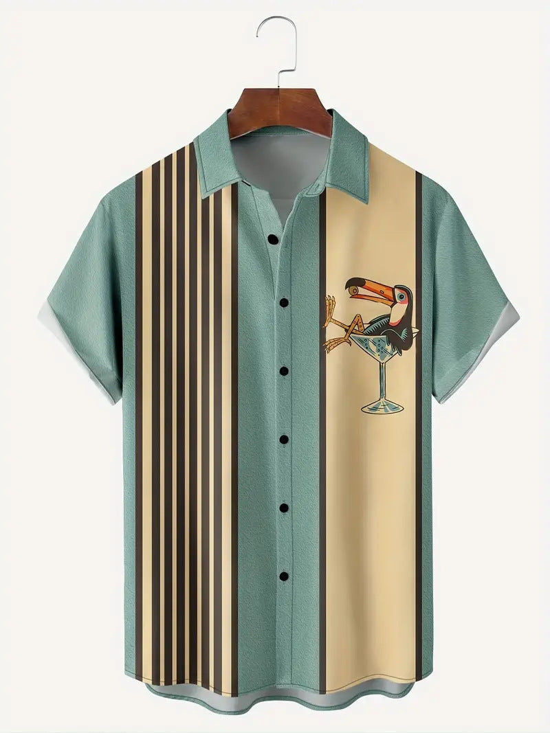 Hawaiian Shirt Striped Pattern Buckle Short Sleeve Men