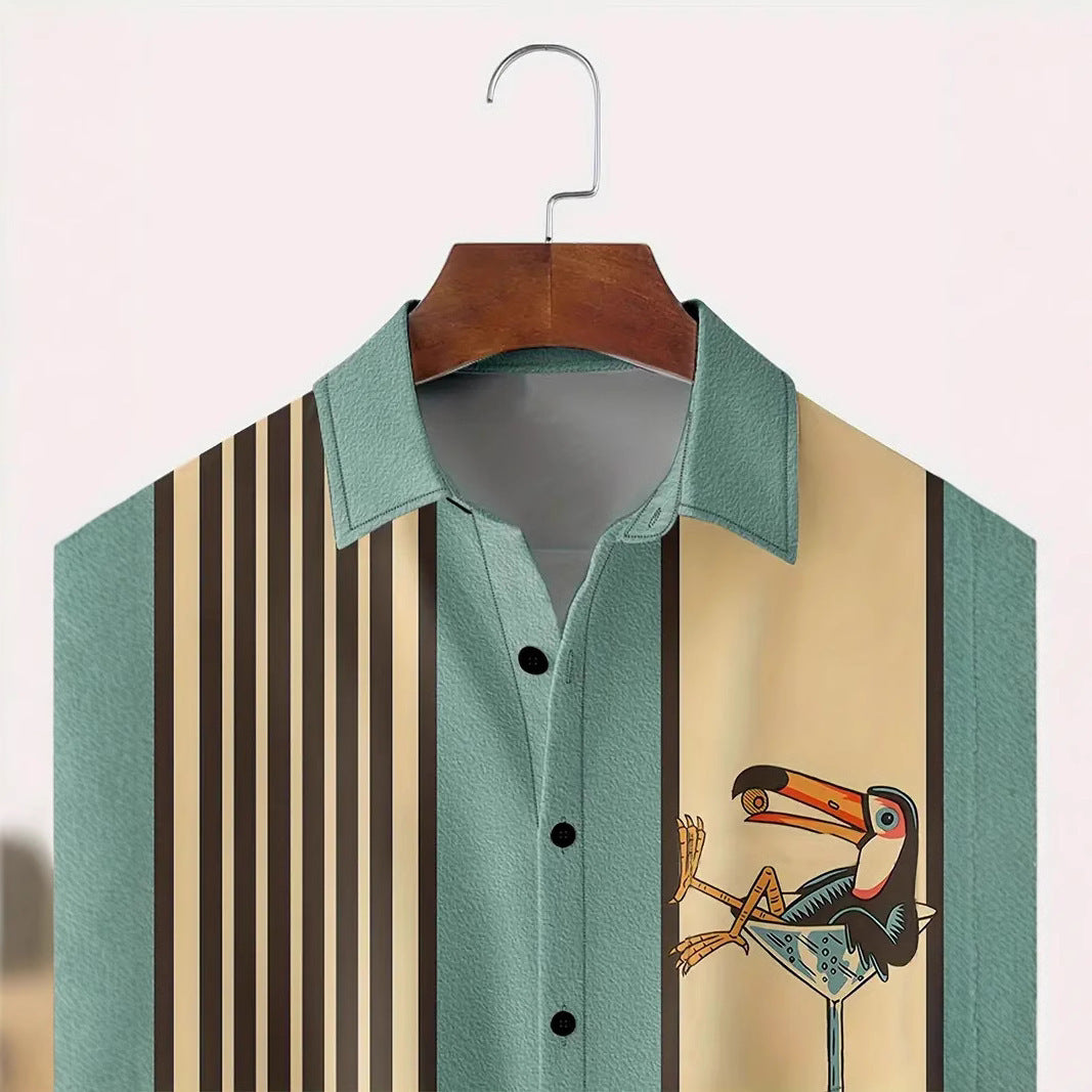 Hawaiian Shirt Striped Pattern Buckle Short Sleeve Men