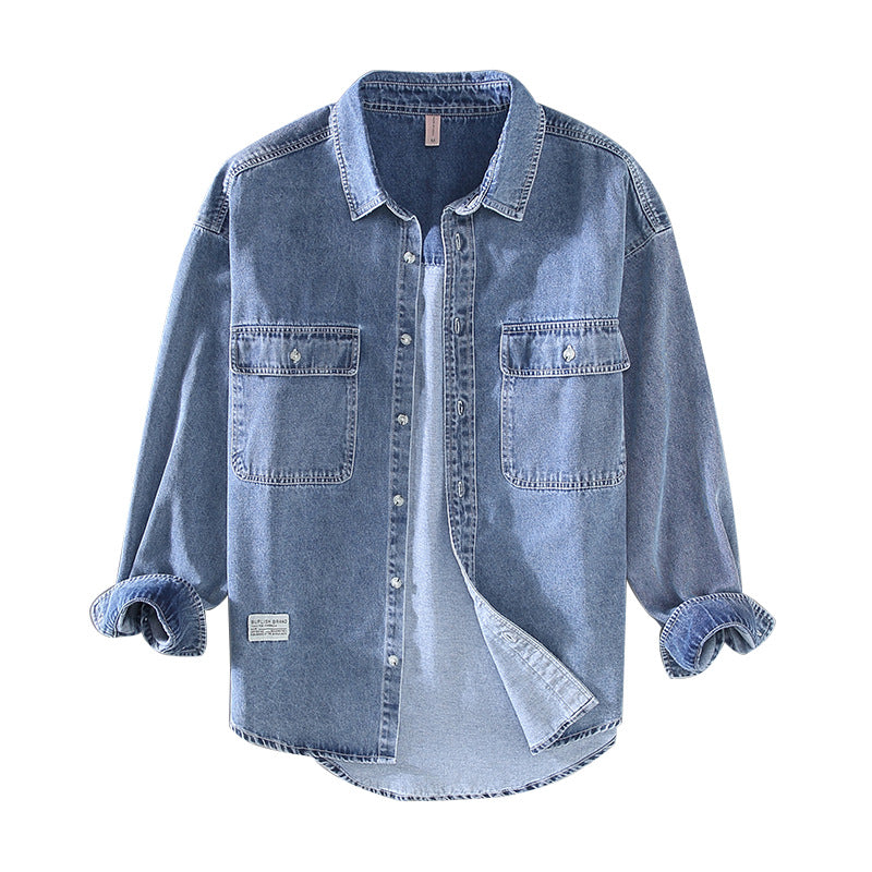 Japanese-style Retro Rewash Double Bag Men's Long Sleeve Light Color Denim Shirt