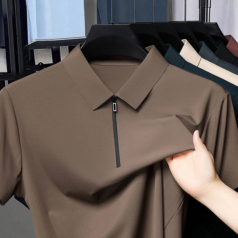 Men's Half Zipper Seamless Polo Shirt Summer Light Luxury Business Casual Ice Silk Top