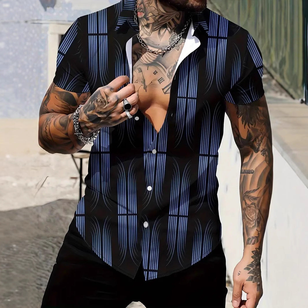 Men's New Geometric Line Style Printing Lapel Short Sleeve Shirt